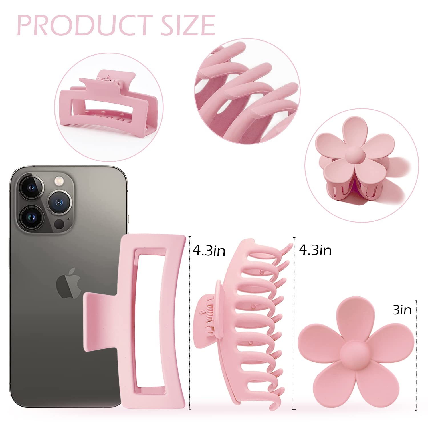 Large Hair Claw Clips 12 Pack. Flower Hair Clips for Thin Hair. Big Square Matte Strong hold for Thick Hair. 3 Styles Hair Clips for Women Thick Hair Pink Colors