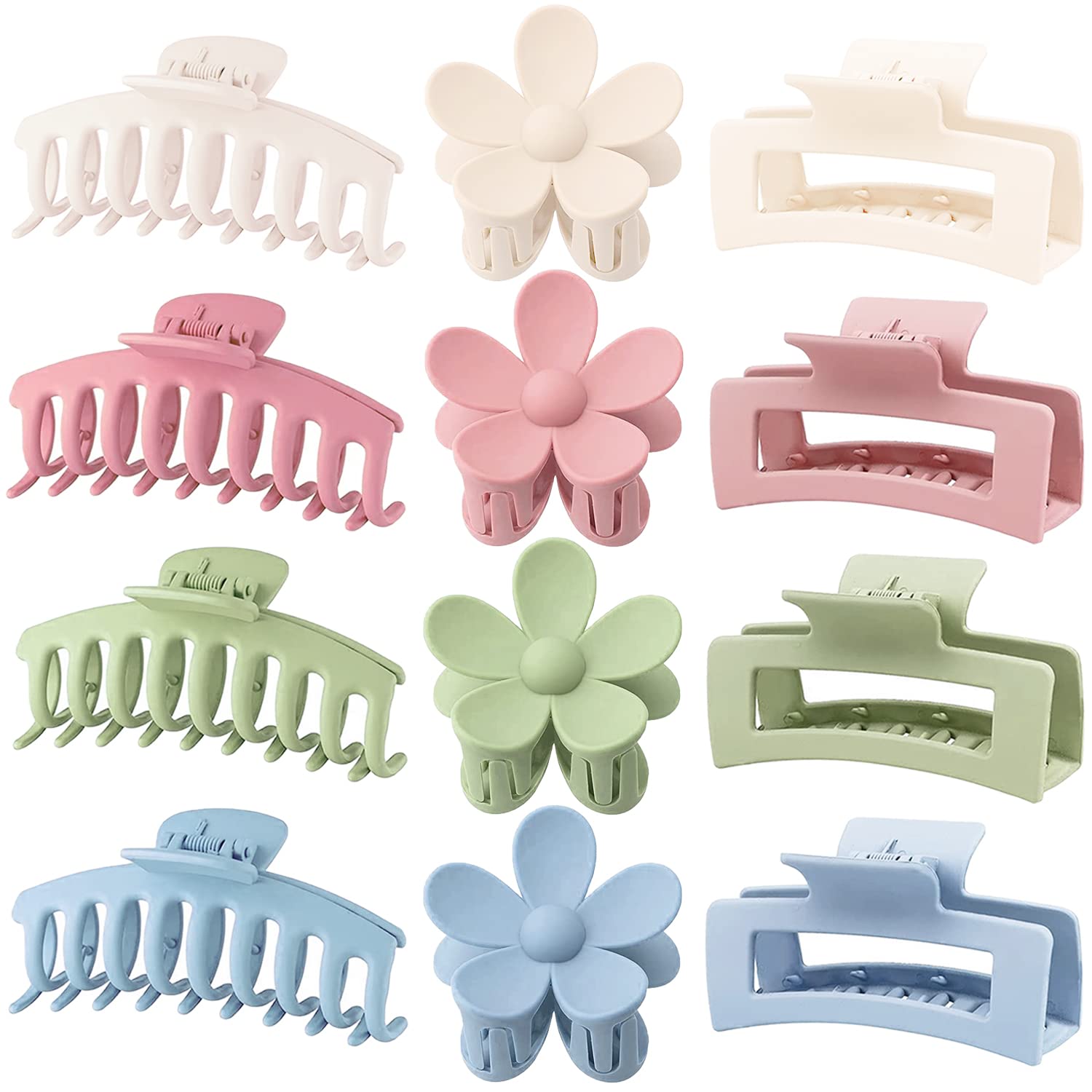 Large Hair Claw Clips 12 Pack. Flower Hair Clips for Thin Hair. Big Square Matte Strong hold for Thick Hair. 3 Styles Hair Clips for Women Thick Hair Pink Colors