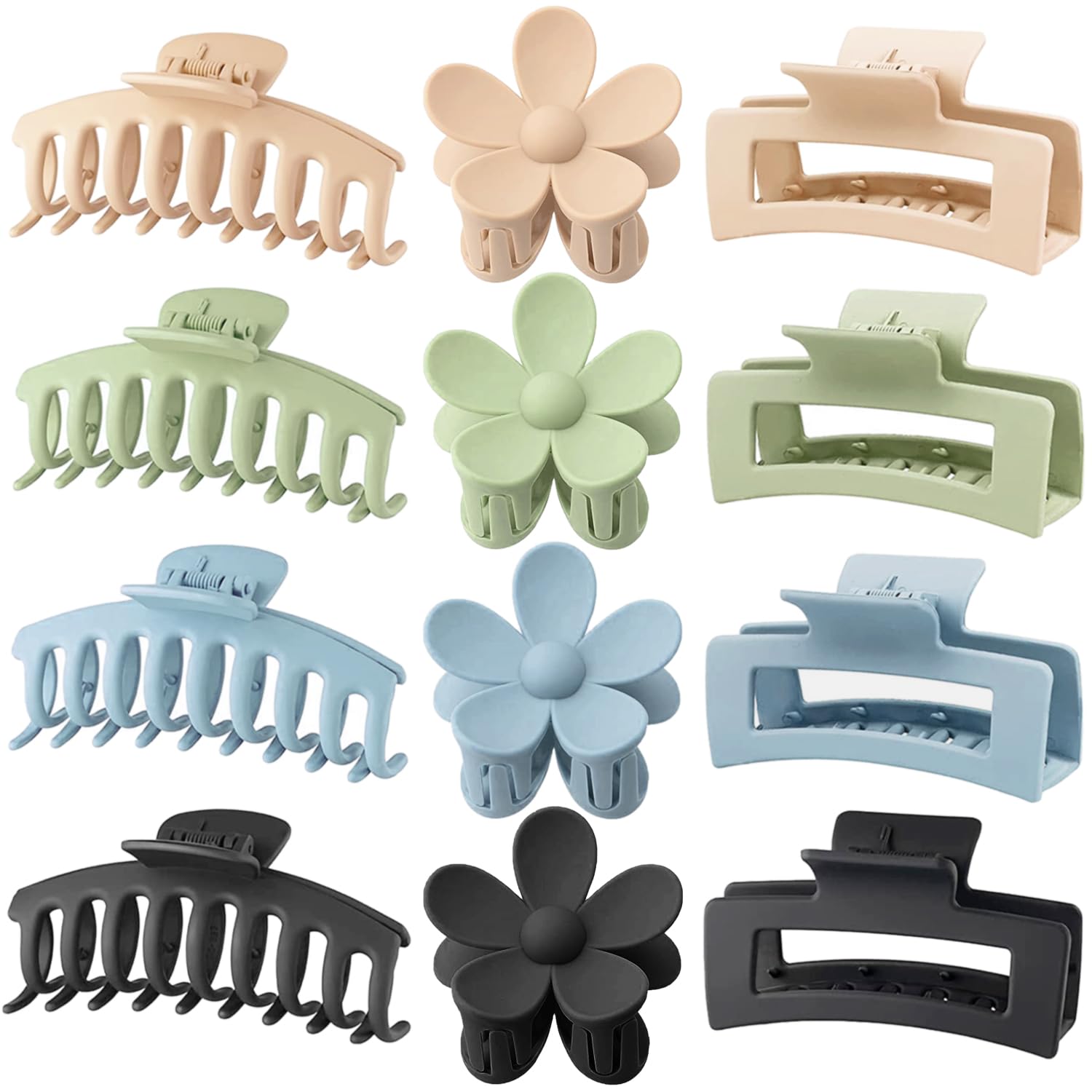 Large Hair Claw Clips 12 Pack. Flower Hair Clips for Thin Hair. Big Square Matte Strong hold for Thick Hair. 3 Styles Hair Clips for Women Thick Hair Pink Colors
