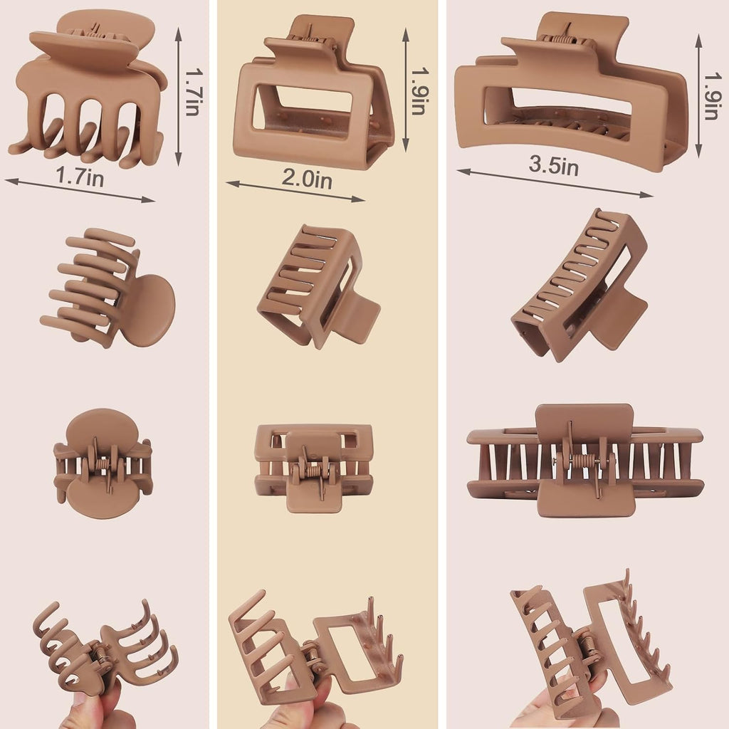 12 Pcs Hair Clips for Women 3 Styles Small Medium Large Claw Clips for Thin Thick Curly Hair. Strong Hold & Non-Slip Clips. Stylish Matte Plastic Hair Accessories Ideal Gifts for Women (Brown)